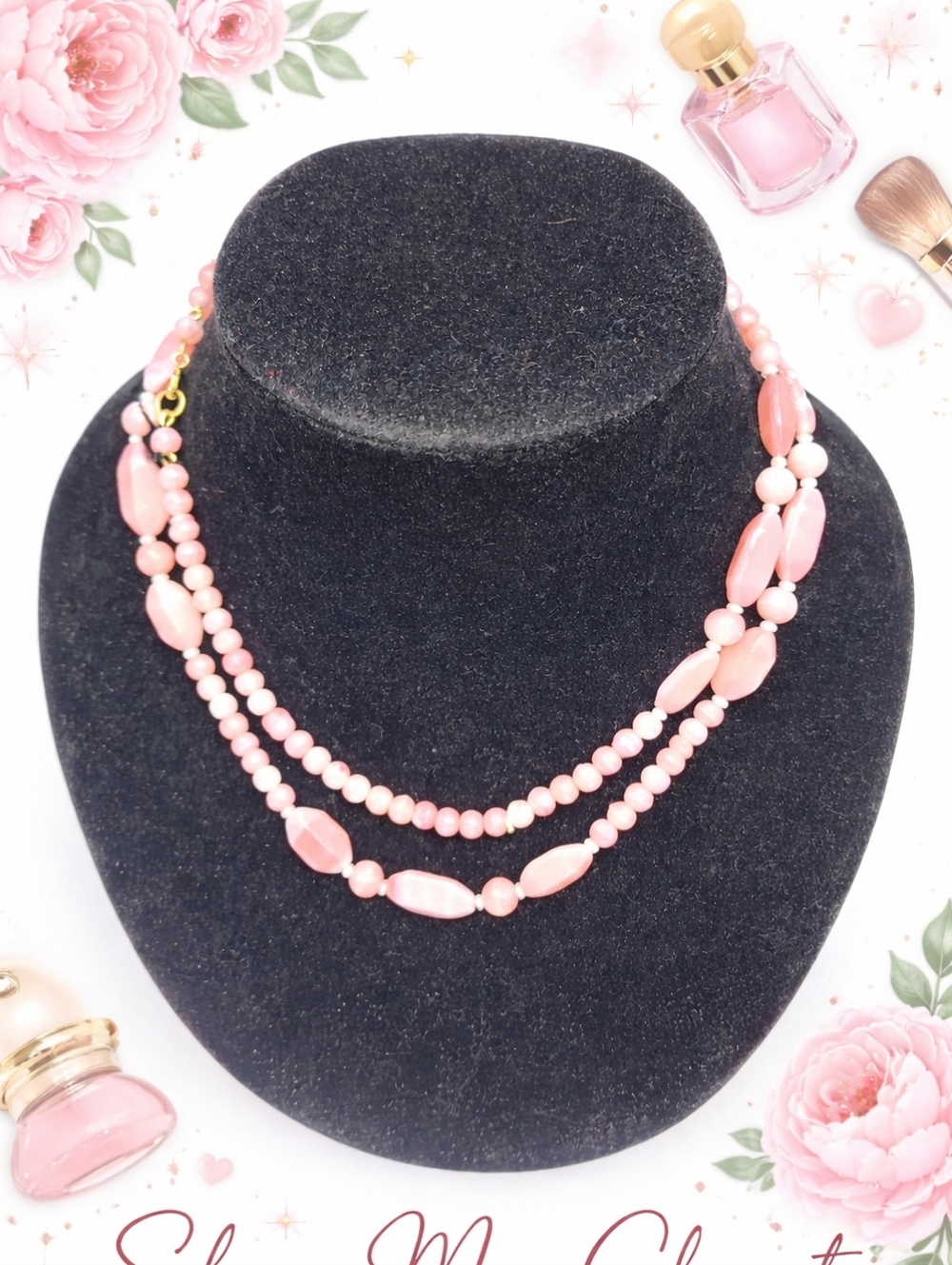 Vintage Pink Agate Beaded Necklace Double Strand Feminine Cottagecore Statement